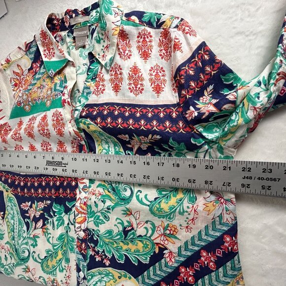 Chico's Green Red Paisley Floral Linen 3/4 Sleeve Button-Up No-Iron Shirt Size 2 - Picture 6 of 7
